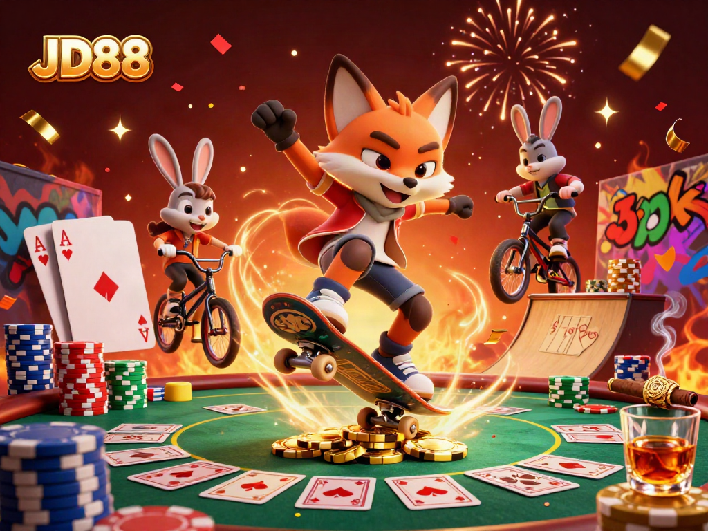 Experience thrilling casino vibes with JD88 as a fox skateboards over golden poker chips.