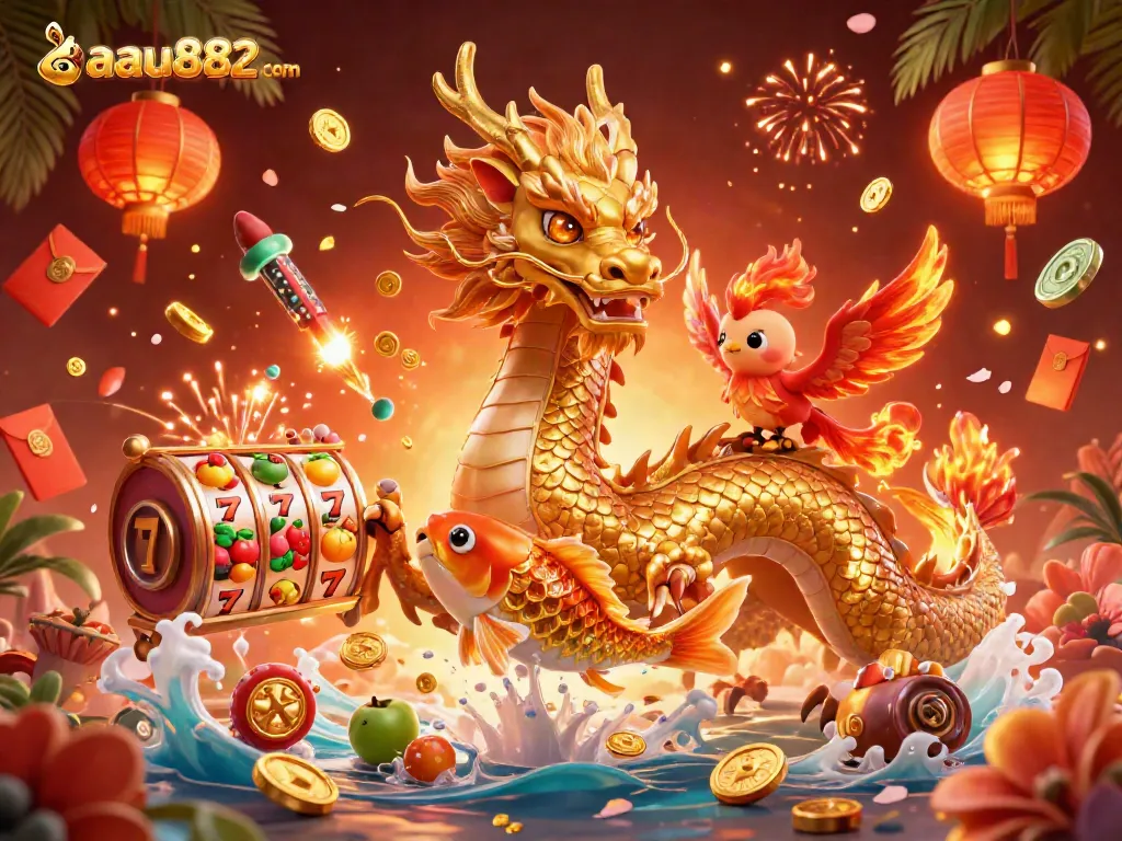 Experience excitement at aau882 com with a dynamic casino scene featuring a majestic dragon and phoenix.