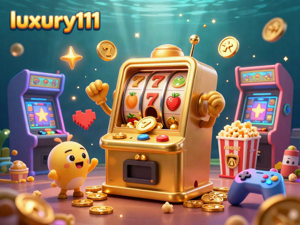 Experience the excitement of luxury111 with a golden slot machine celebrating its jackpot amidst vibrant arcade elements.