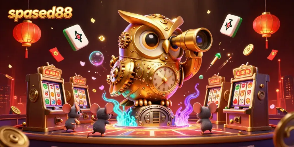 spasad88's exciting casino scene with a golden owl, mice, and vibrant game elements