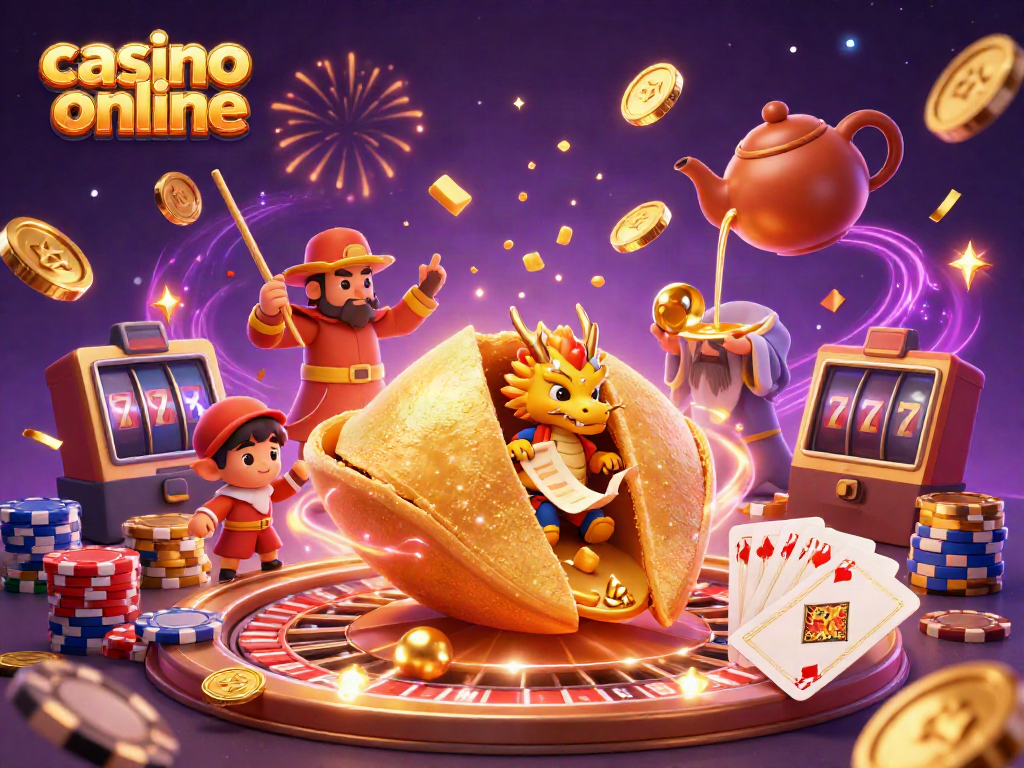Experience the thrill of casino online with this vibrant illustration featuring a golden fortune cookie and gaming elements.