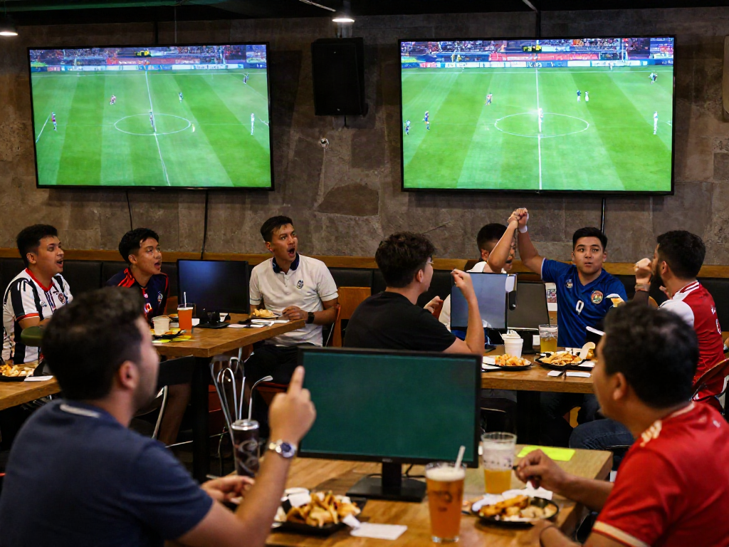 Fans enjoying a Thapcamtv football match in a lively sports bar atmosphere.