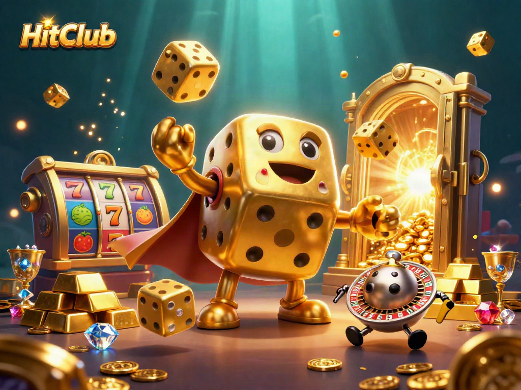Experience thrilling games at HitClub with golden dice and jackpot slots illuminating the casino's excitement.
