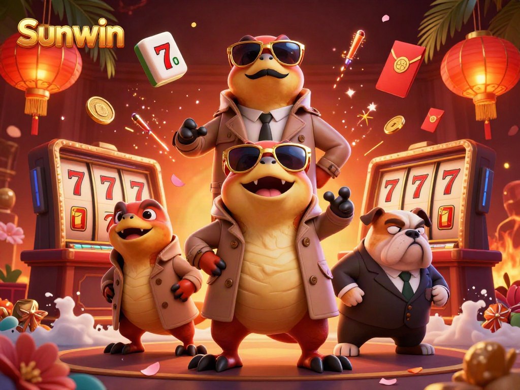 Sunwin raptors amusingly attempt entry into VIP casino, highlighting vibrant gaming elements.