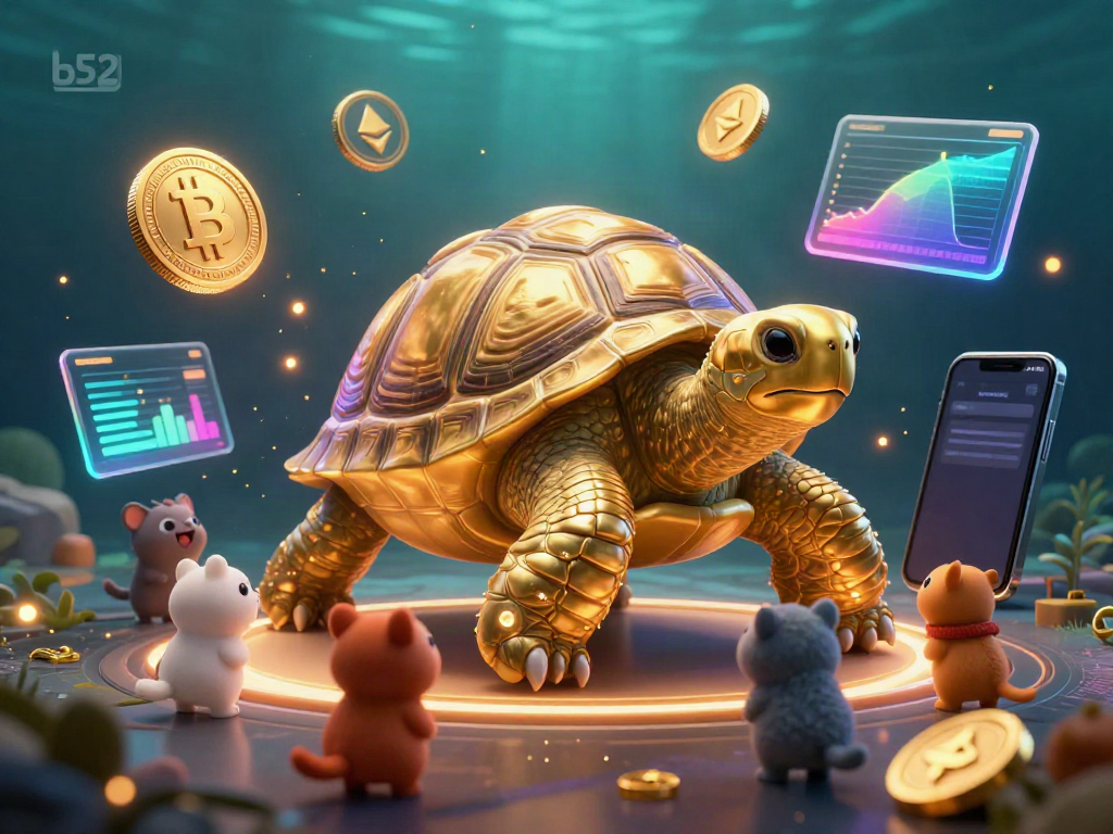 Play engaging games at b52 with a colossal golden tortoise in a dynamic casino setup featuring glowing crypto elements.