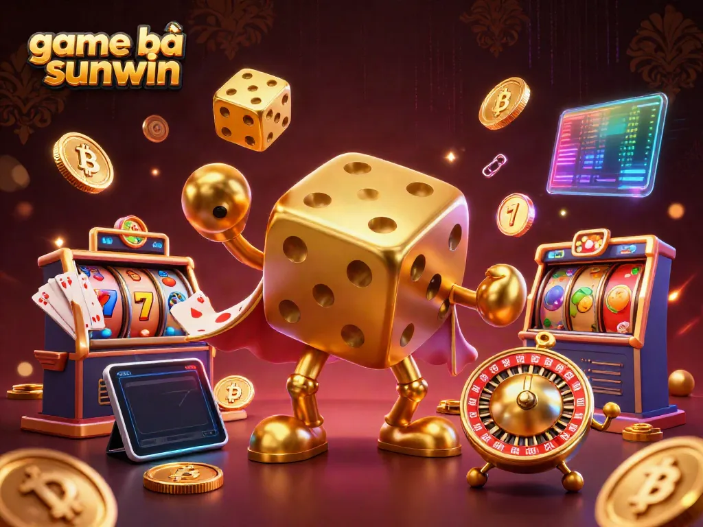 Experience game bài sunwin with a dazzling illustration of a golden dice golem and vibrant gaming elements.