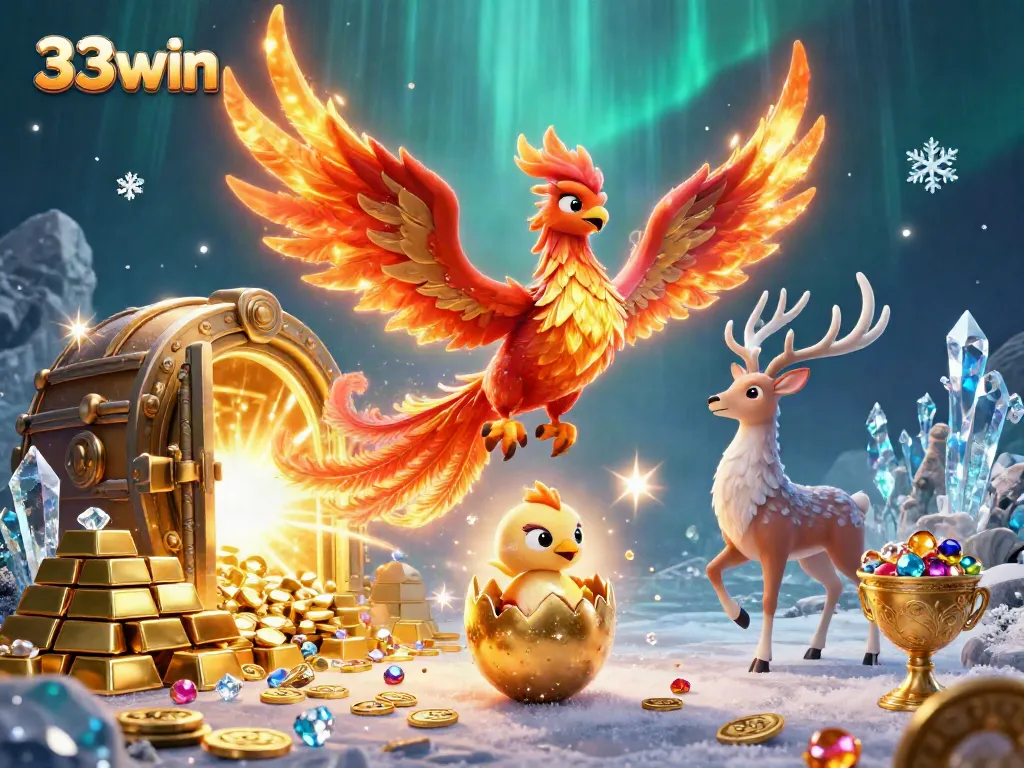 Experience the thrill of 33win as the phoenix soars and treasures reign in this dynamic digital illustration.