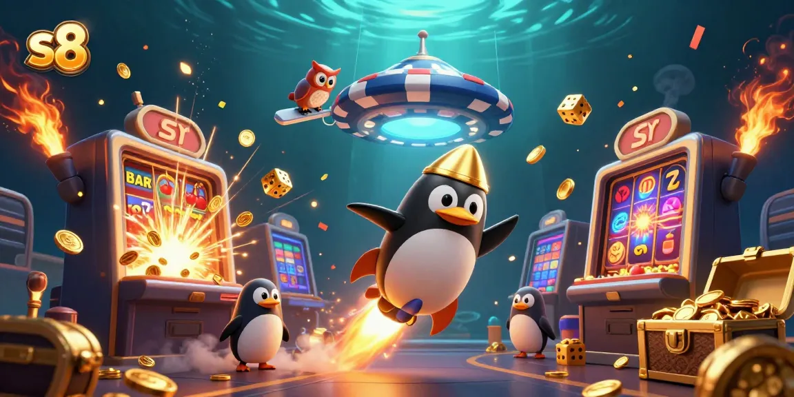 Experience the thrill of s8 with a penguin soaring through cosmic casino adventures, collecting golden rewards.