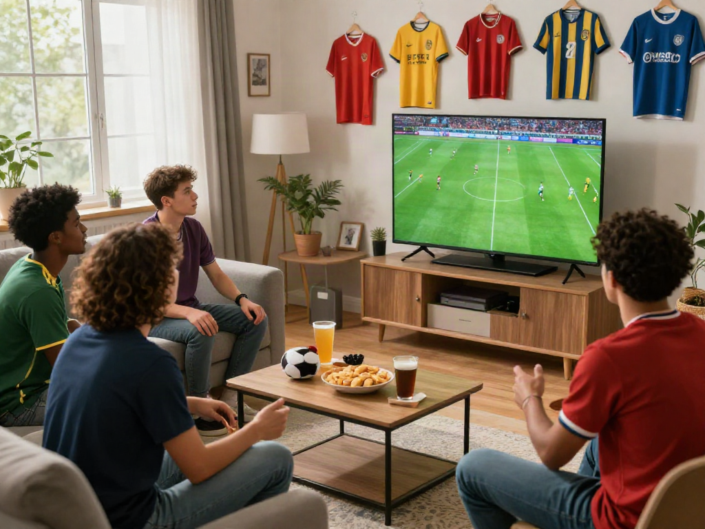 Fans engaging with Socolive streaming soccer match in cozy living room setting.