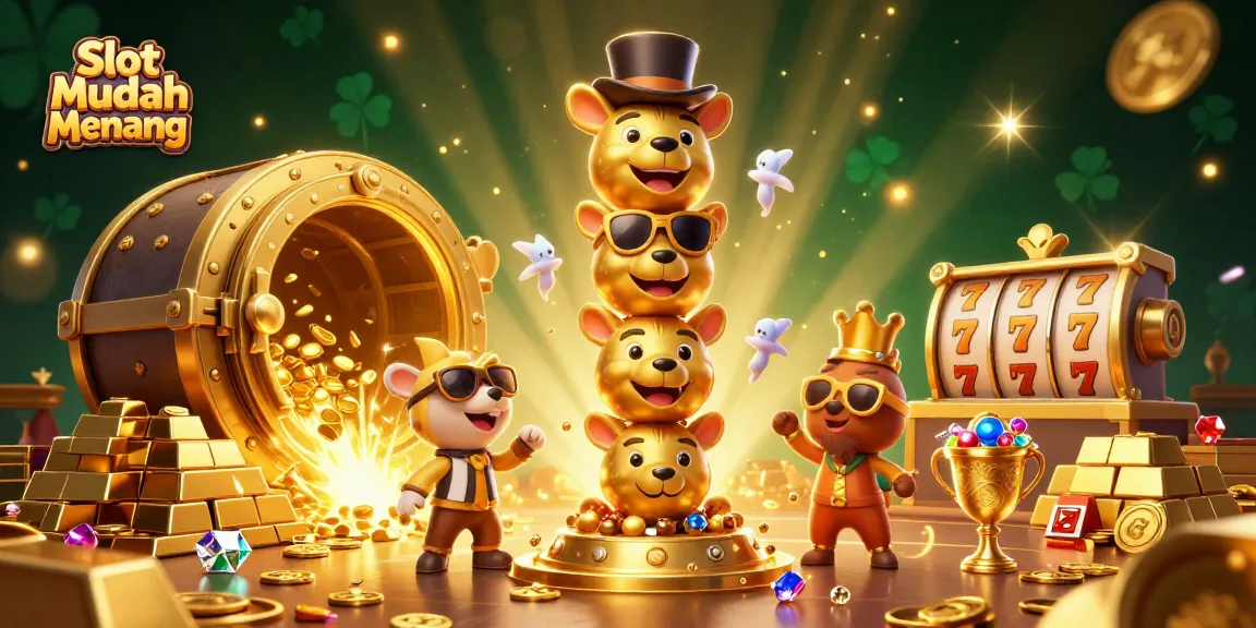 Experience Slot Mudah Menang with vibrant characters and a dynamic casino scene bursting with jewels and spinning reels.