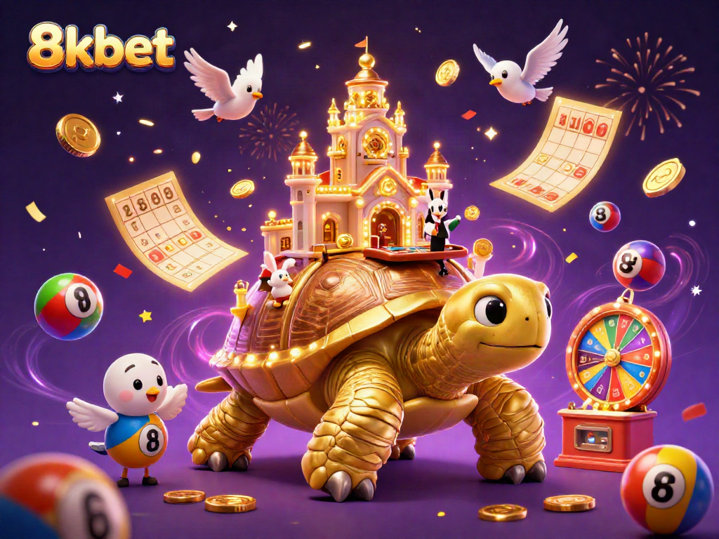 Join the excitement at 8kbet with a golden tortoise casino scene filled with vibrant gaming elements.