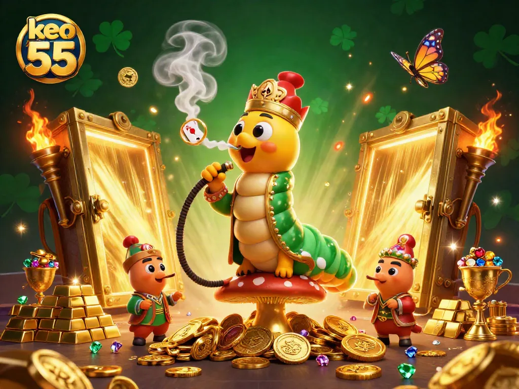 Engage in thrilling bets with keo nha cai 55 illustrated by a vibrant scene of a caterpillar master amidst riches.