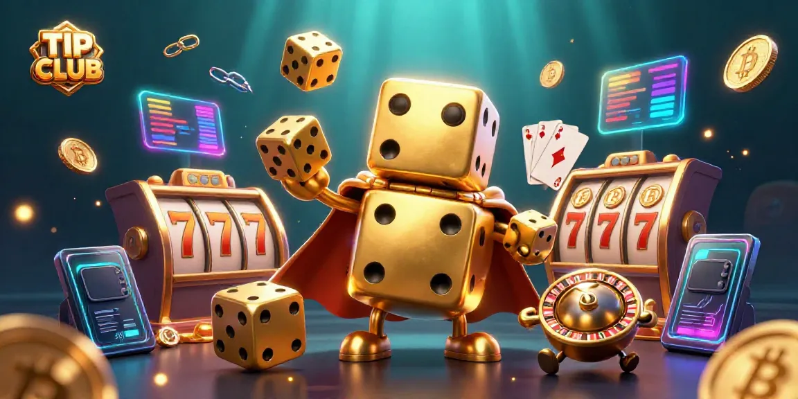 Engage with TIP CLUB as a golden dice golem juggles lucky 7s and Bitcoin coins in a vibrant casino scene.