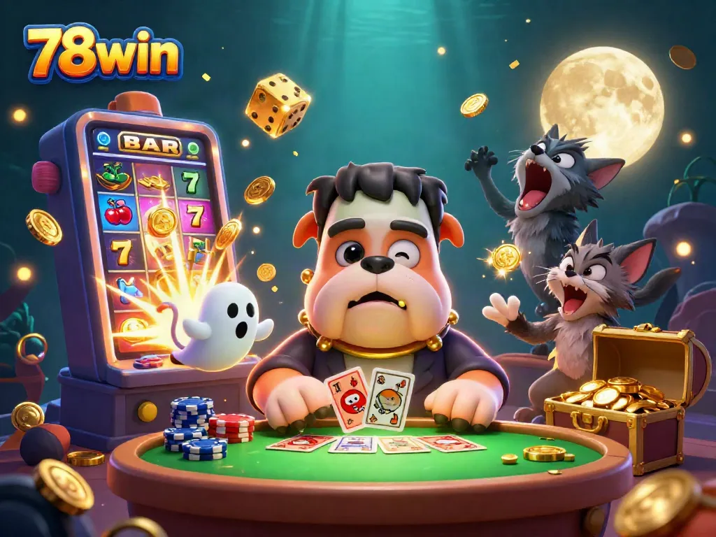 Experience thrilling wins at 78win with a lively casino scene featuring colorful games and joyful characters.