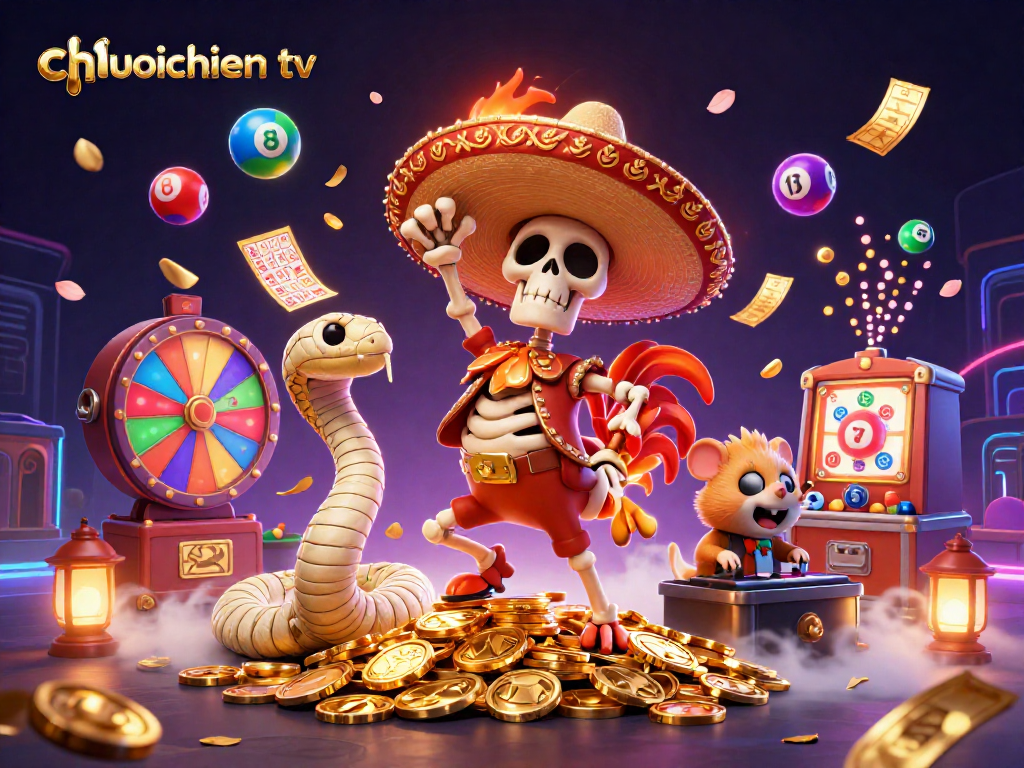 Experience the excitement of chuoichien tv with 3D characters celebrating gambling wins surrounded by vibrant elements.