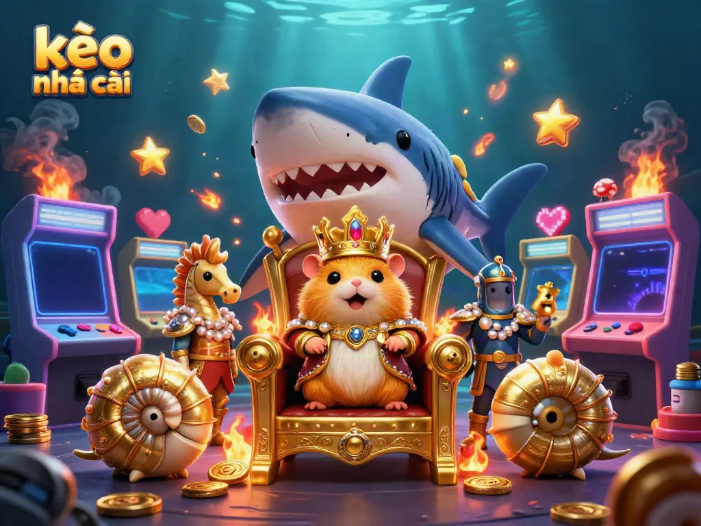 Engage with kèo nhà cái while enjoying vibrant casino-themed 3D illustration featuring a golden hamster king and arcade elements.