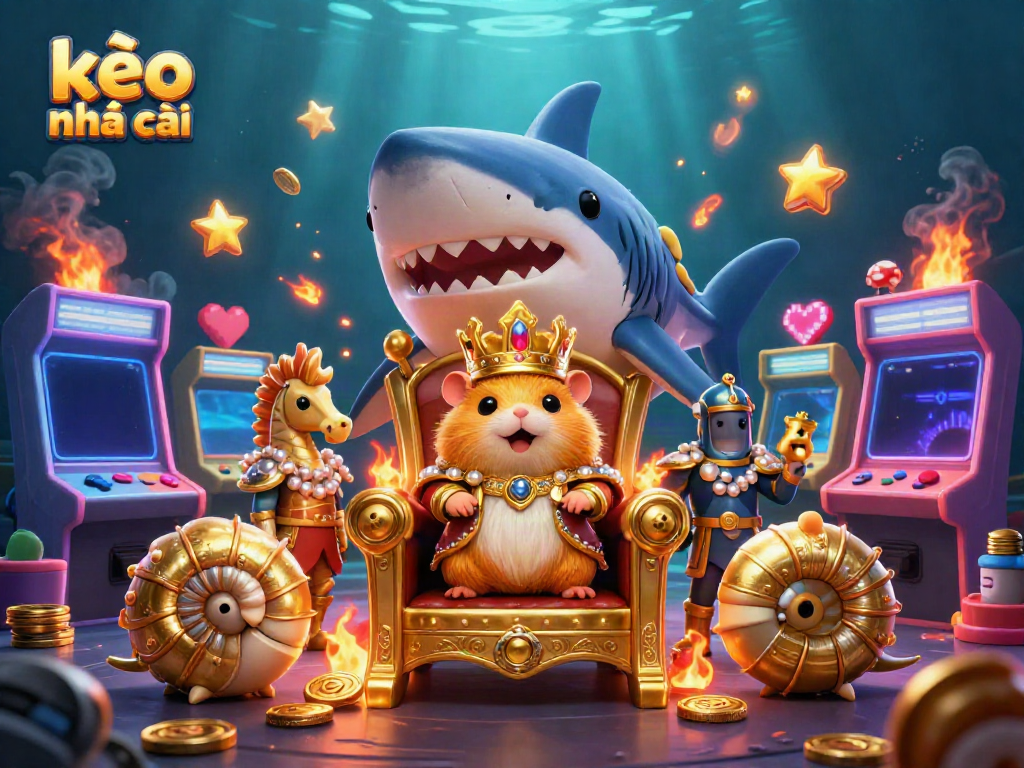Engage with kèo nhà cái while enjoying vibrant casino-themed 3D illustration featuring a golden hamster king and arcade elements.