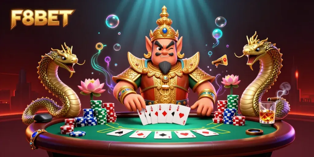 Engage in thrilling poker action with F8BET, featuring vibrant casino elements and dynamic characters.