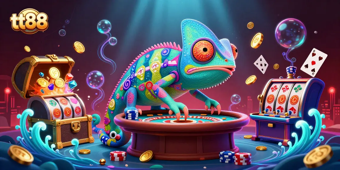 Participate in exciting games at tt88, featuring a colorful casino scene with vibrant characters and slot machines.