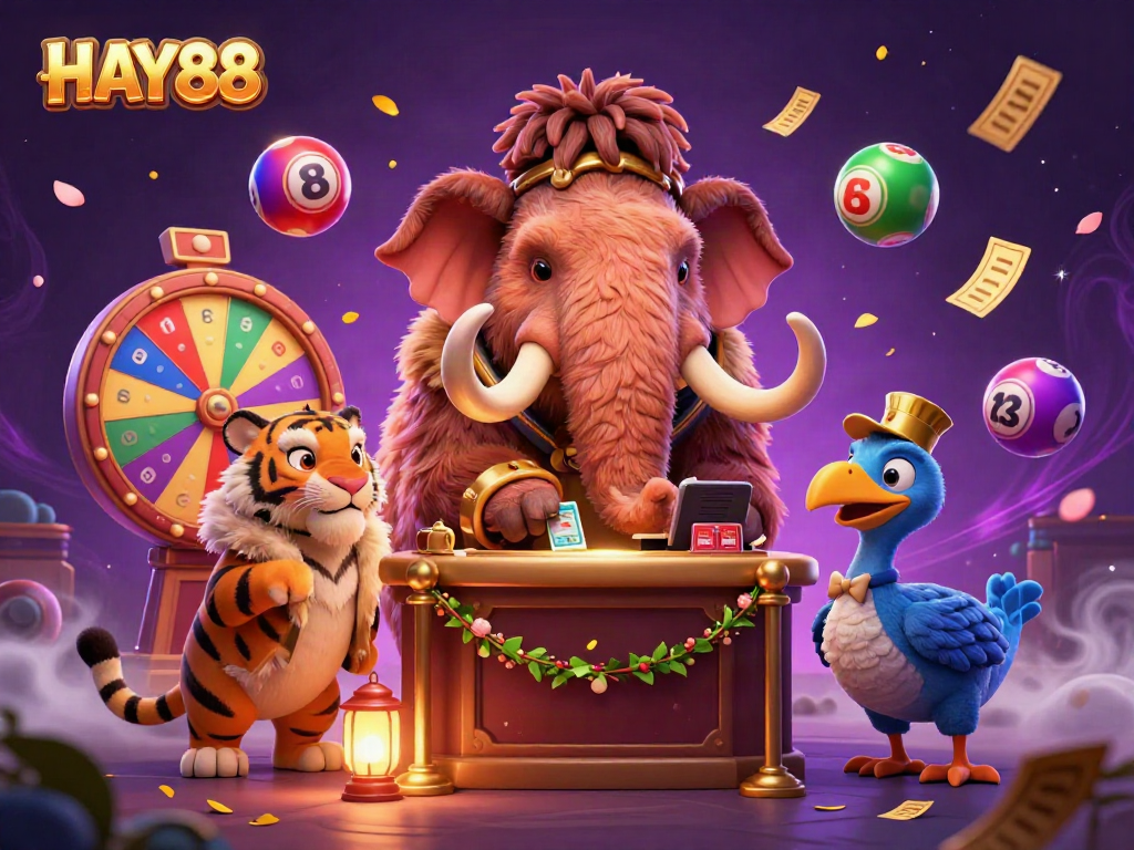 Experience HAY88 with a cartoon mammoth bouncer and a saber-tooth tiger in a vibrant casino scene.