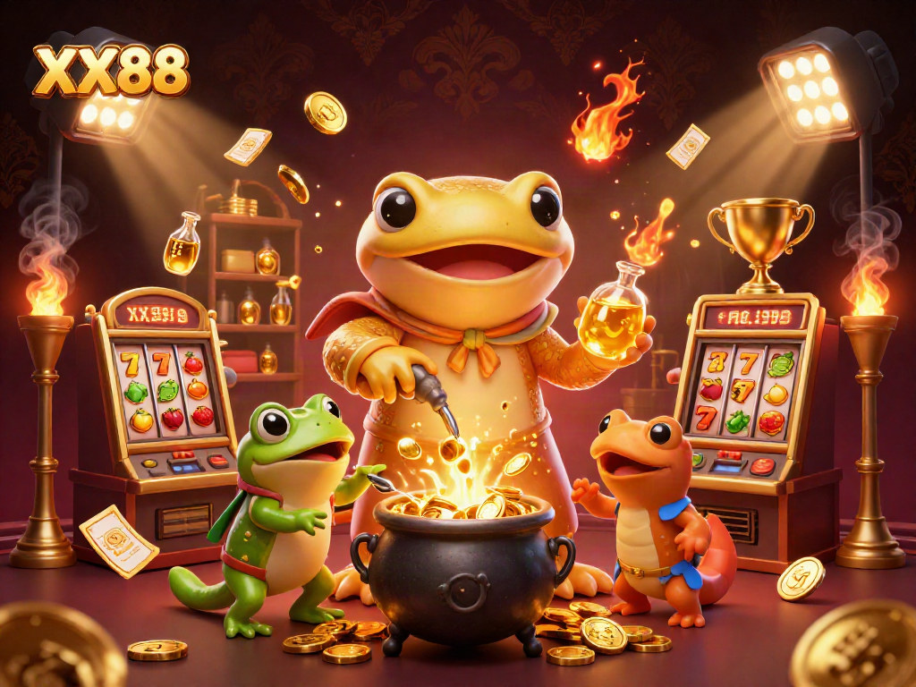 Win big with XX88: a vibrant 3D scene of a golden salamander alchemist and casino elements.