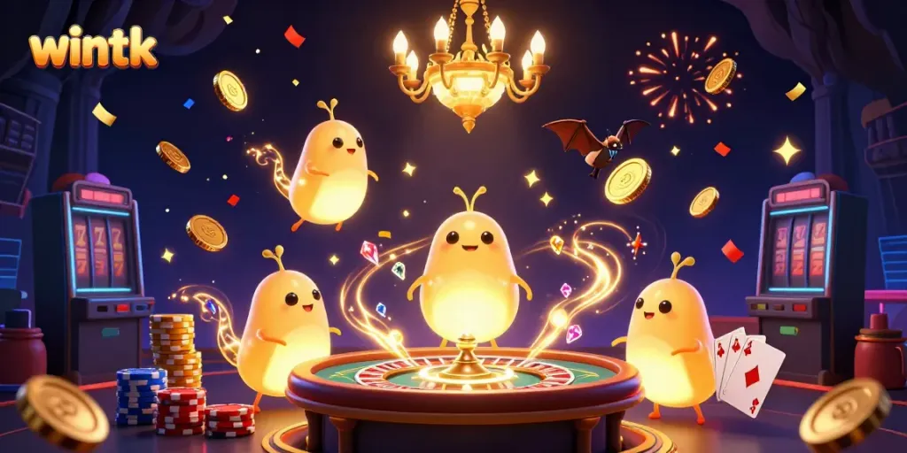 Experience the excitement of wintk with glowing creatures in a lively casino setting, showcasing games and prizes.