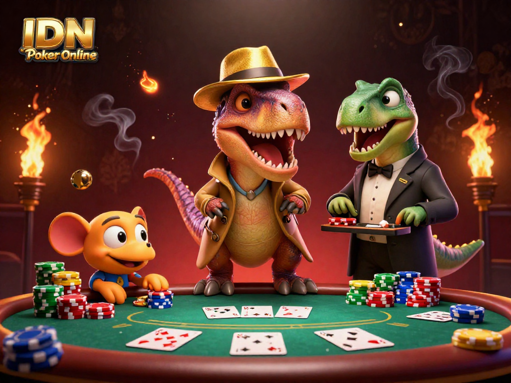 IDN Poker Online scene featuring a velociraptor at a poker table among chips, cards, and a skeptical pit boss.