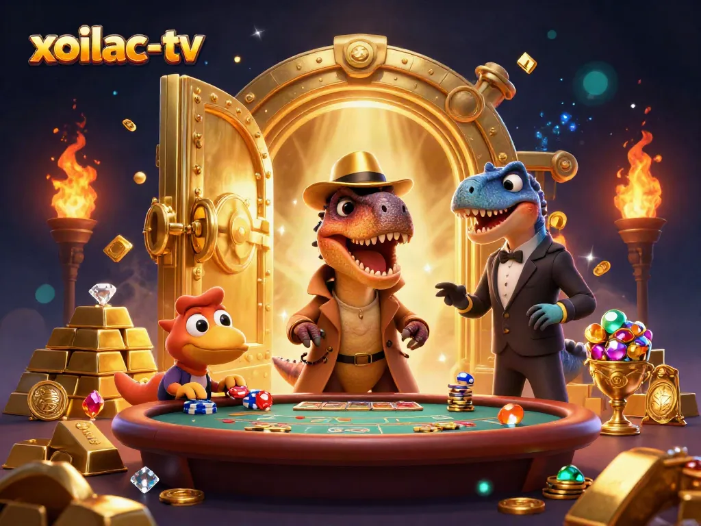 Xoilac-TV showcases a vibrant 3D illustration featuring a card-counting velociraptor at a blackjack table.