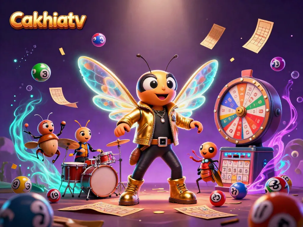 Experience thrilling wins with cakhiatv in a vibrant 3D scene featuring a rock star and lottery elements.
