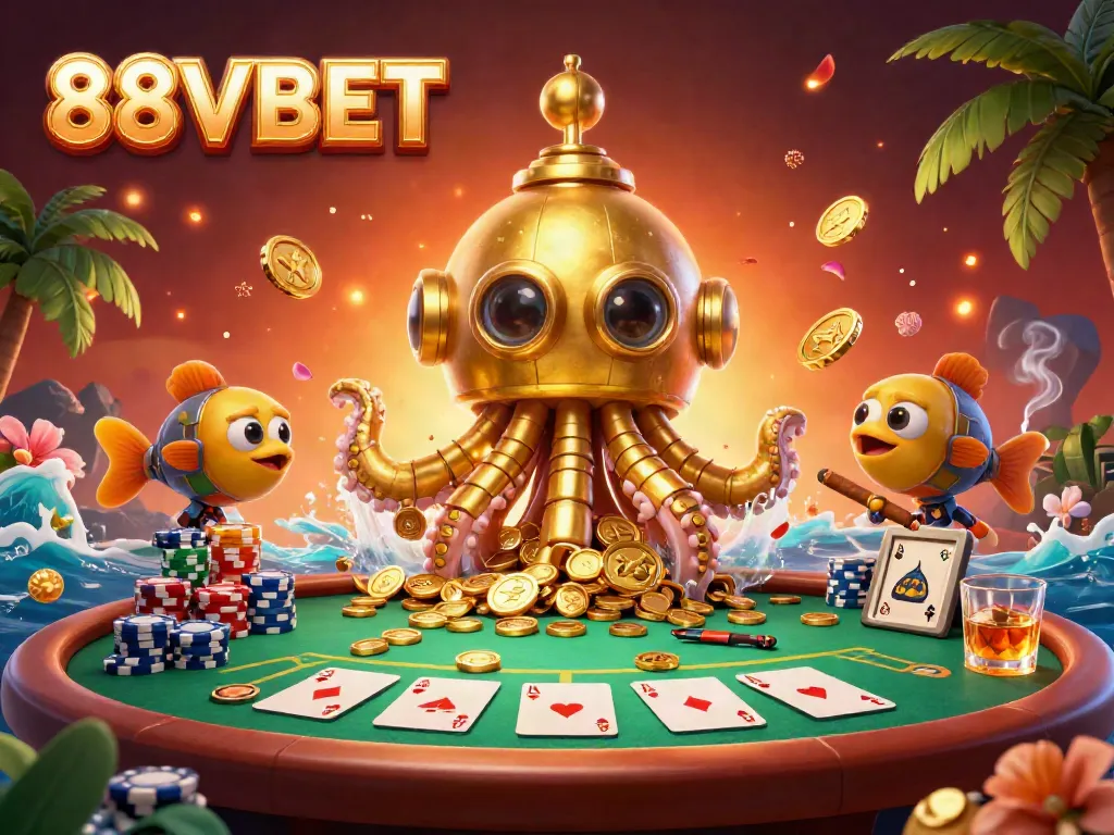 Experience thrilling winnings with 88VBET as a golden kraken submarine emerges from golden coins amidst poker excitement.