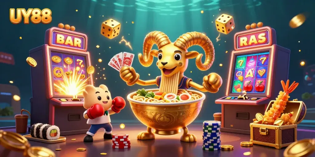 Experience colorful casino excitement with UY88, featuring dynamic casino characters and elements.