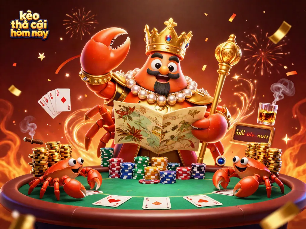 Engage with kèo nhà cái hôm nay in this vibrant, dynamic poker scene featuring a golden crab emperor.