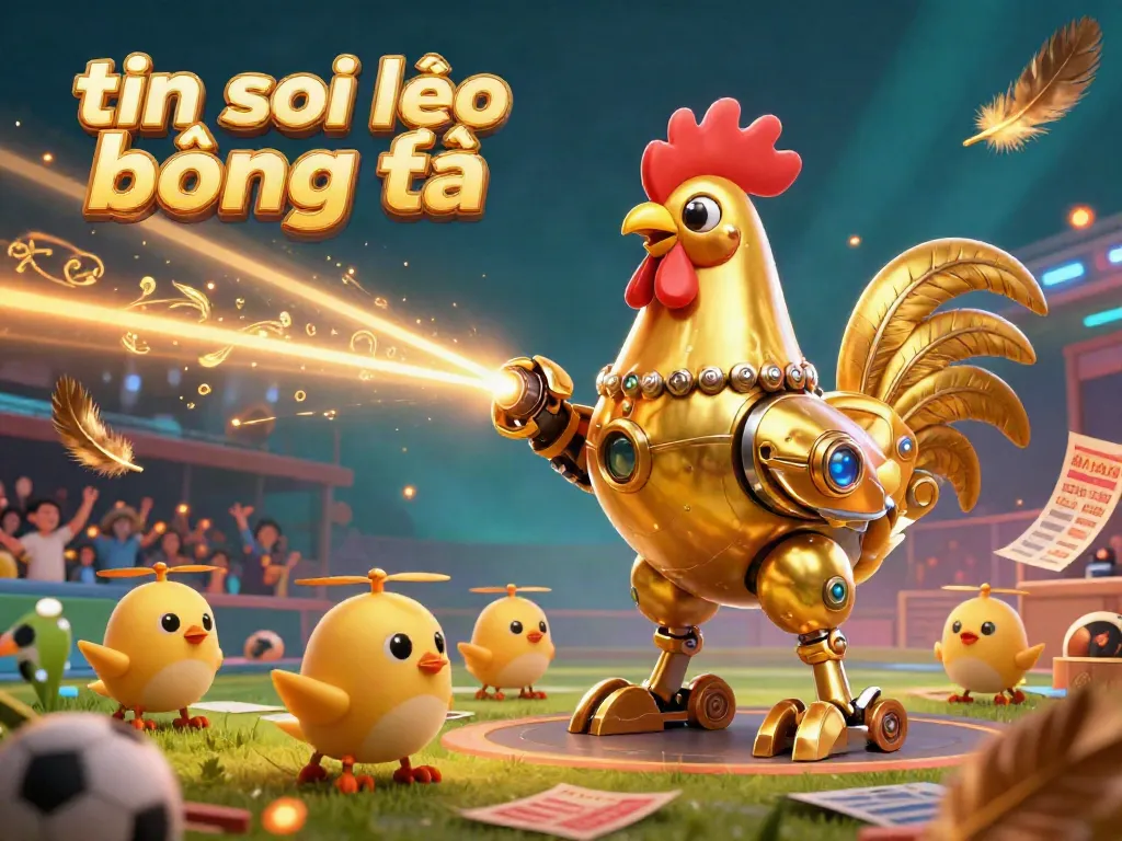 Engage in thrilling bets with the tin soi kèo bóng đá featuring a futuristic rooster robot and dynamic sports elements.