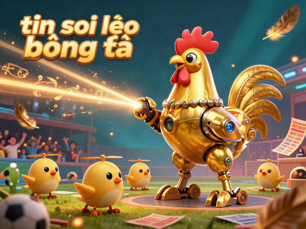 Engage in thrilling bets with the tin soi kèo bóng đá featuring a futuristic rooster robot and dynamic sports elements.