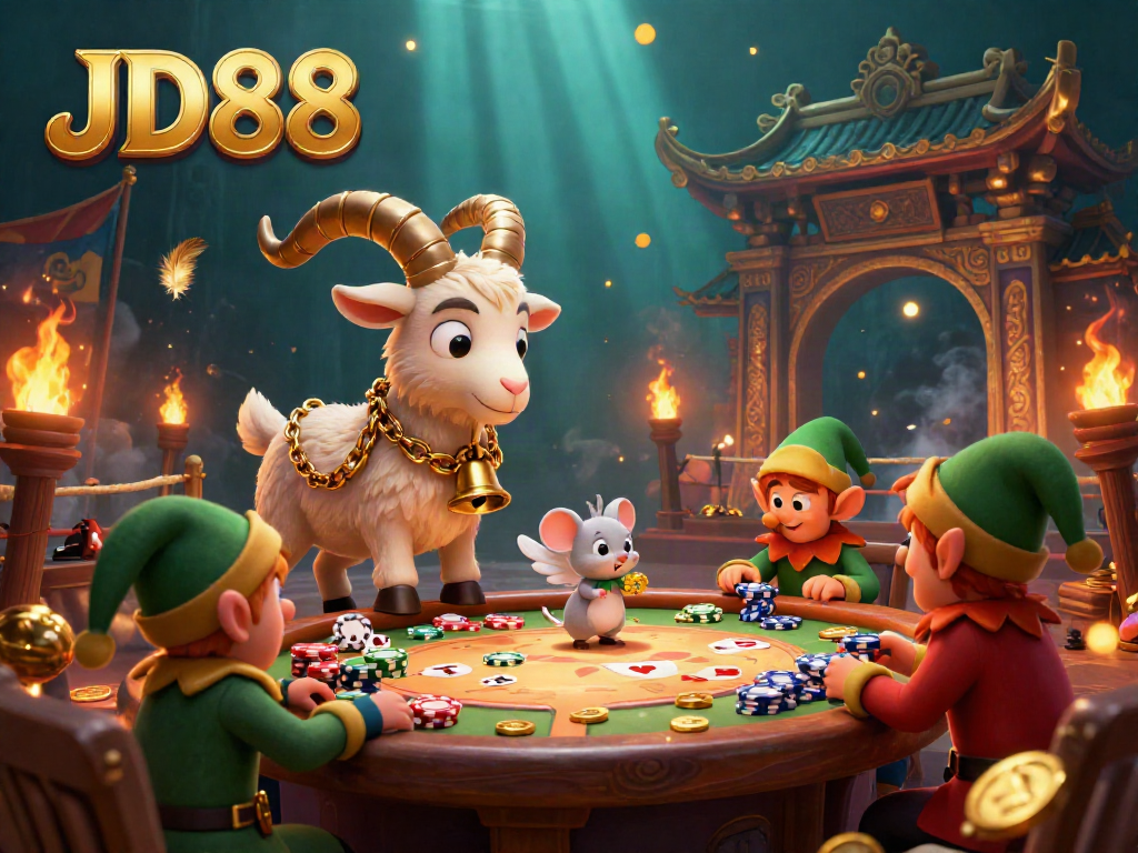 Experience exciting gaming at JD88, where a 3D Krampus goat oversees a vibrant casino filled with mischievous gremlins and poker chips.