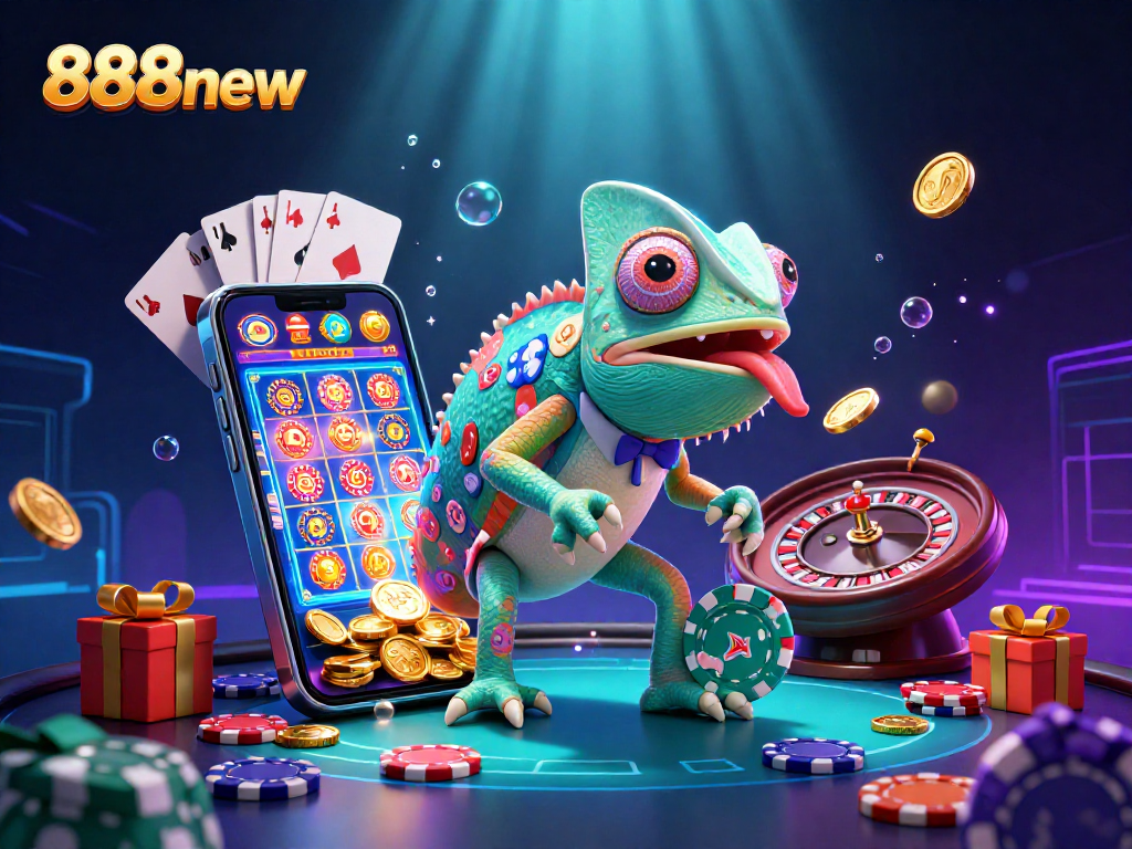 Experience the thrill of 888new as a colorful chameleon casino owner grabs golden coins from a vibrant gaming scene.