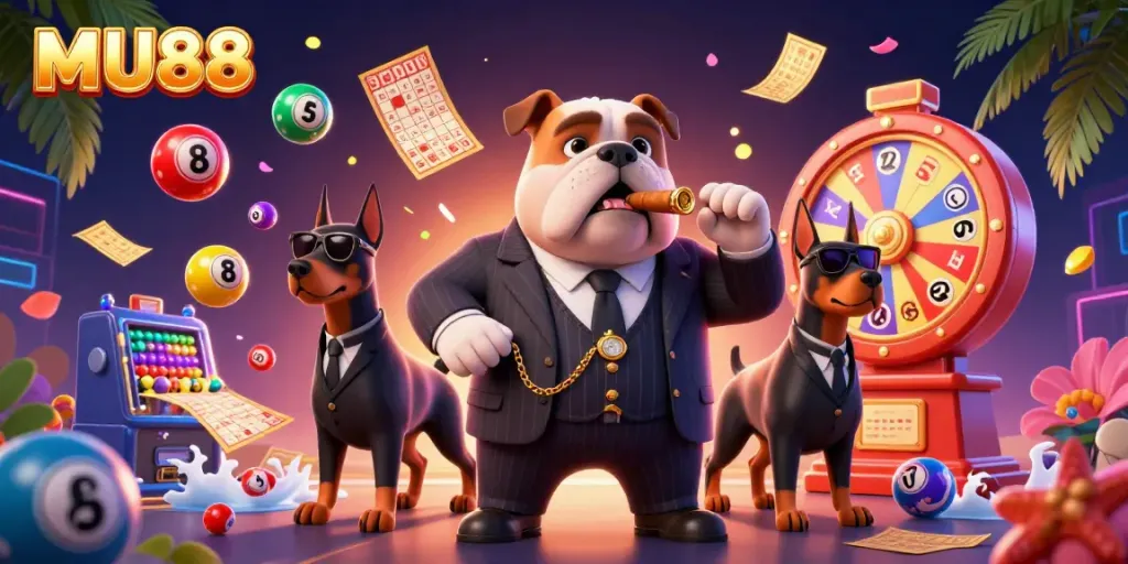 MU88 lottery game scene with a mafia bulldog and bodyguard Dobermans surrounded by vibrant game elements.
