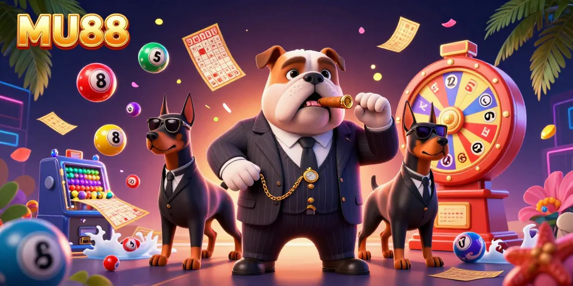 MU88 lottery game scene with a mafia bulldog and bodyguard Dobermans surrounded by vibrant game elements.