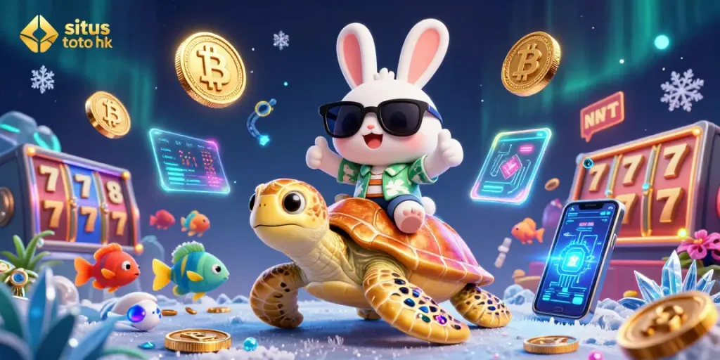 Discover live action at situs toto hk with the lucky rabbit on a giant turtle amid vibrant casino elements.