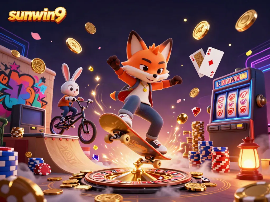 Experience the excitement of sunwin9 with a vibrant scene featuring casino-themed characters and elements.
