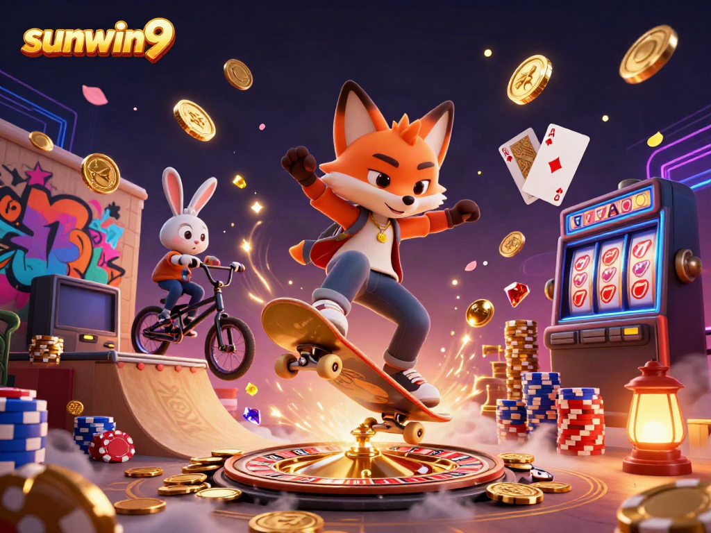 Experience the excitement of sunwin9 with a vibrant scene featuring casino-themed characters and elements.