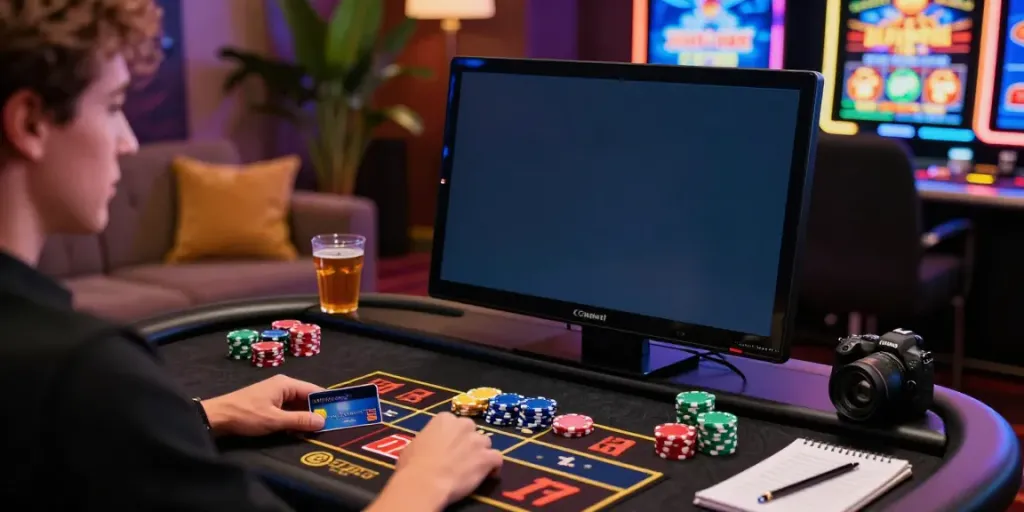 Player enjoying games at an online casino that accepts credit card payments, vibrant atmosphere.