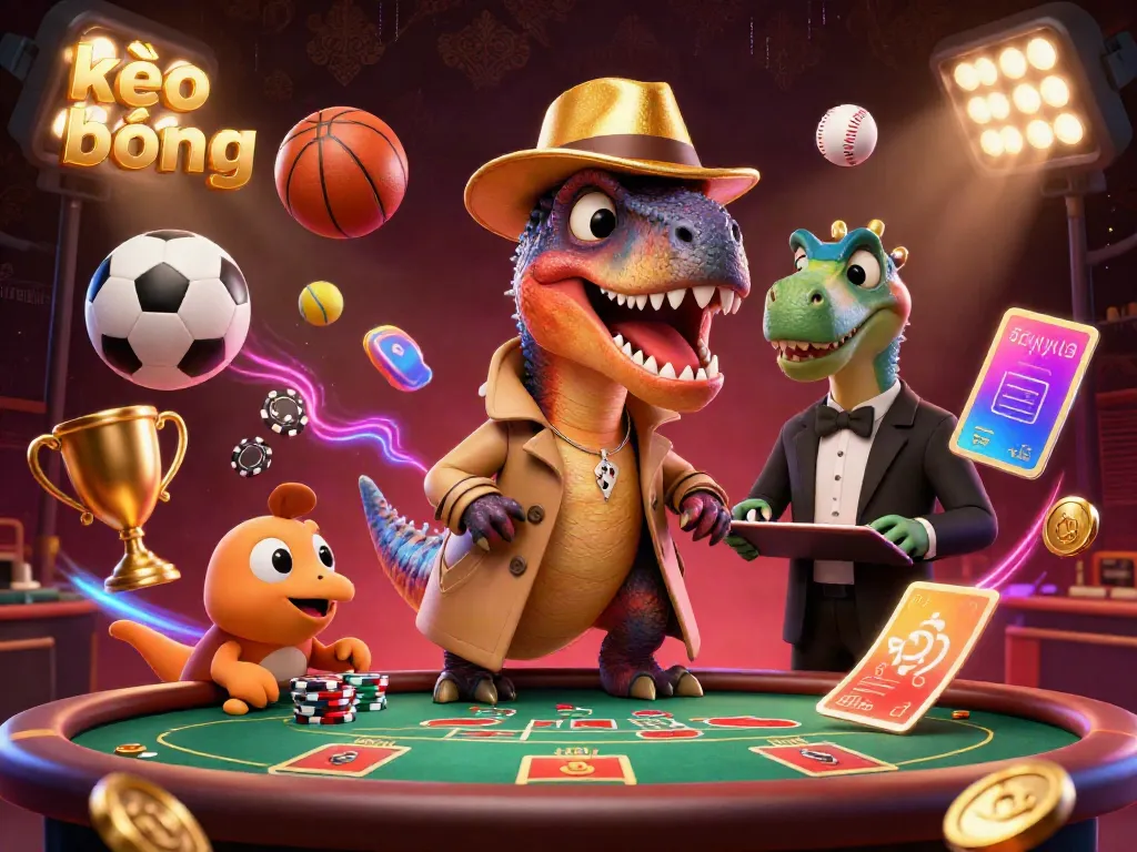 Experience thrilling kèo bóng đá action as a velociraptor counters cards at a casino with dynamic sports elements.