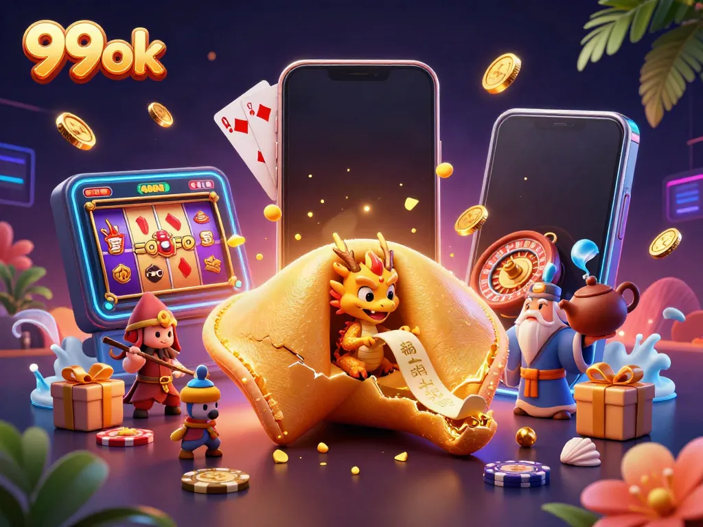 Play spinning reels and win at 99ok, featuring a colorful casino scene with magical elements.