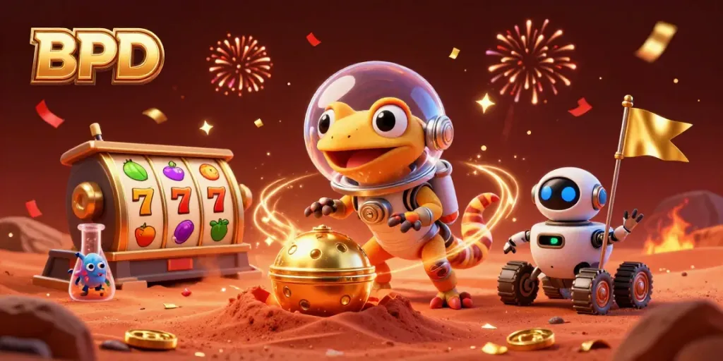 BPD gameplay highlights with the Martian gecko uncovering a golden casino in a dynamic 3D illustration.