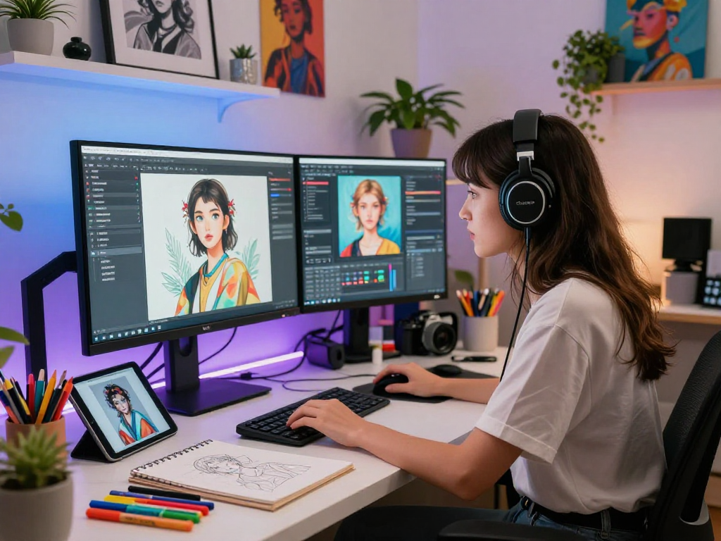 Creative professional working with nsfw ai software in a vibrant digital art studio.