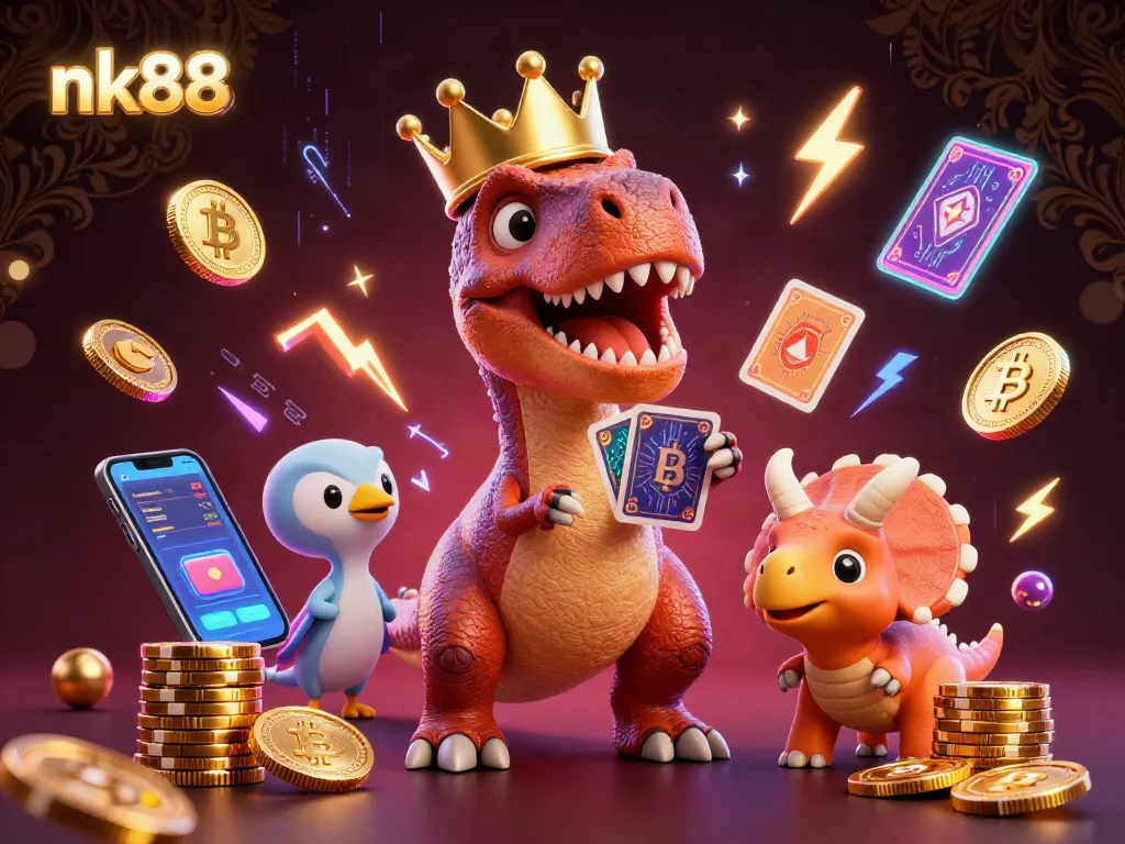 Engage in epic nk88 gaming adventures featuring 3D characters and vibrant casino elements.