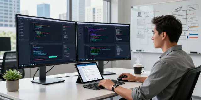 Developer using instant indexing tools in a modern workspace with multiple screens and a city view.