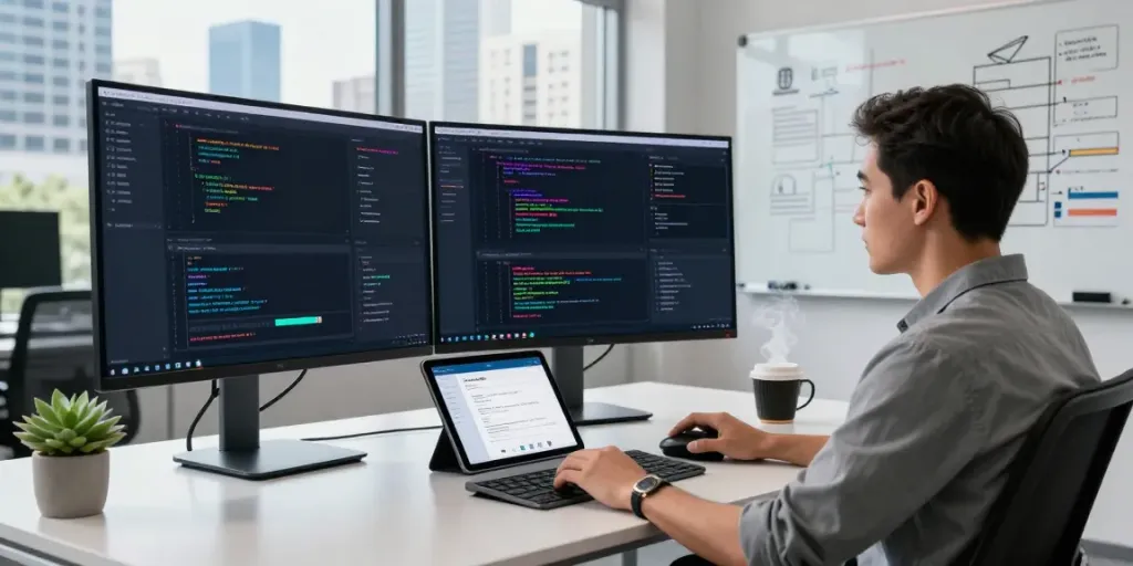 Developer using instant indexing tools in a modern workspace with multiple screens and a city view.