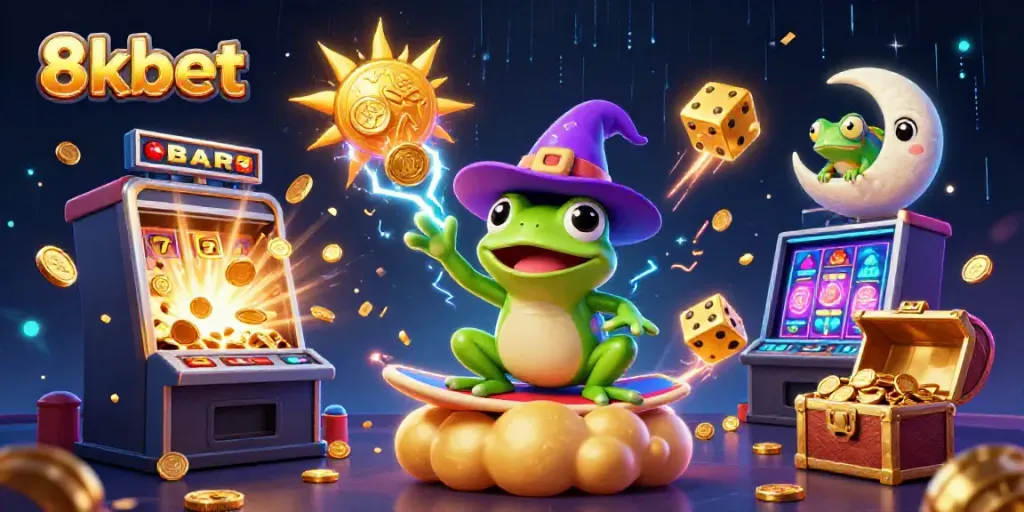 Engage with 8xbet’s vibrant 3D illustration showcasing a magical casino scene filled with coins, characters, and gaming elements.